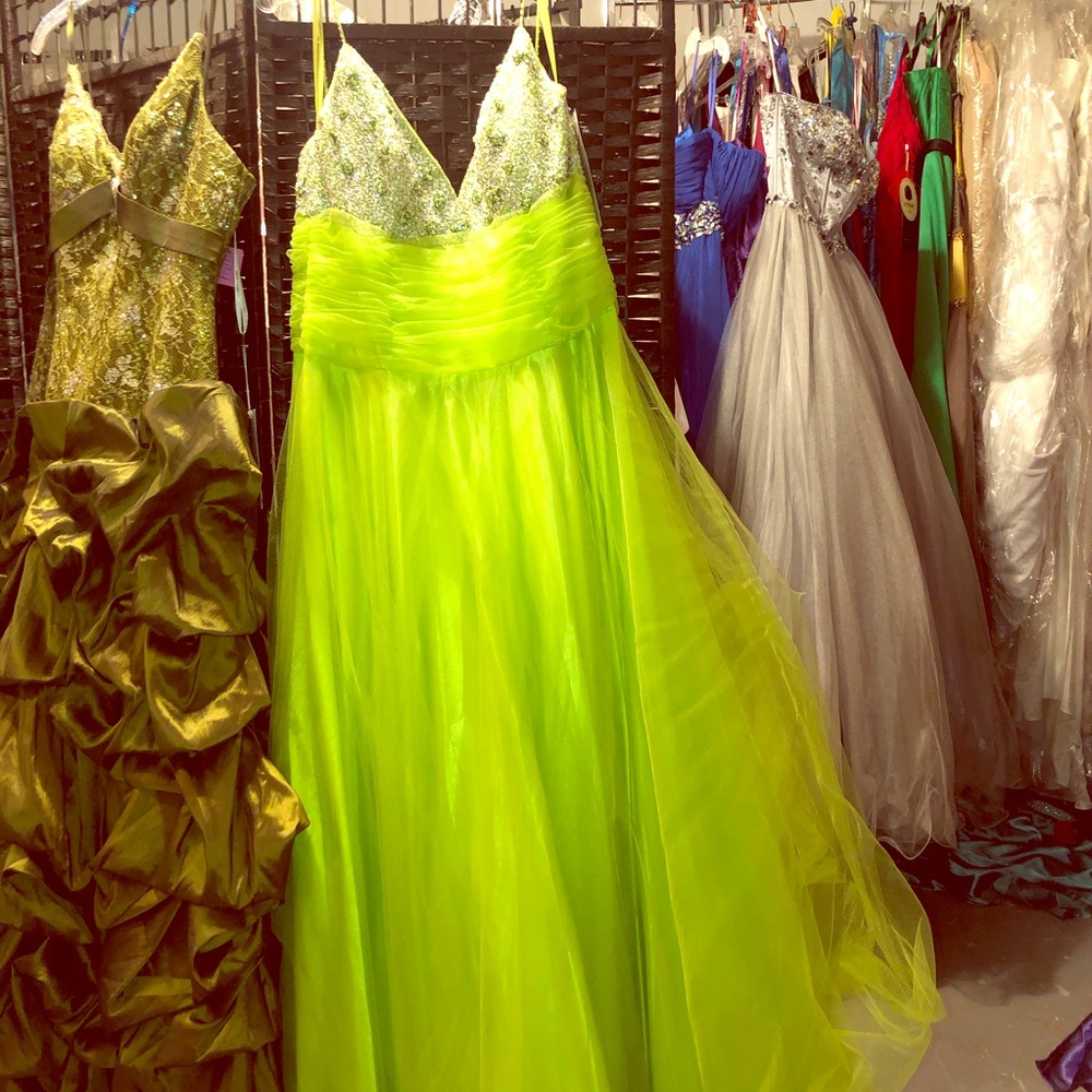 Gorgeous tulle neon lime green w silver beading